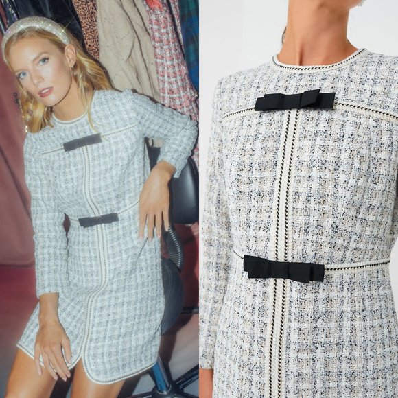 Pomander Place NEW Ivory Bow Tweed Brigitta Long Sleeve Mini Dress Size L